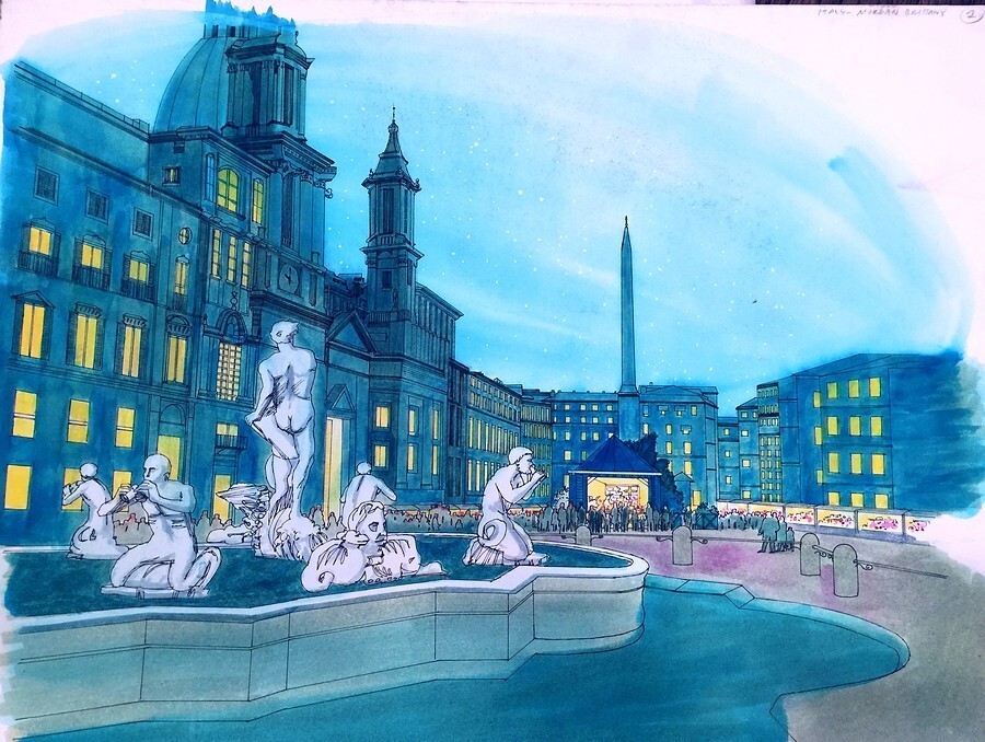 Italy TV Concept Art 1979 “21 Days of America” 15.5×20 Inches Watercolor Rome