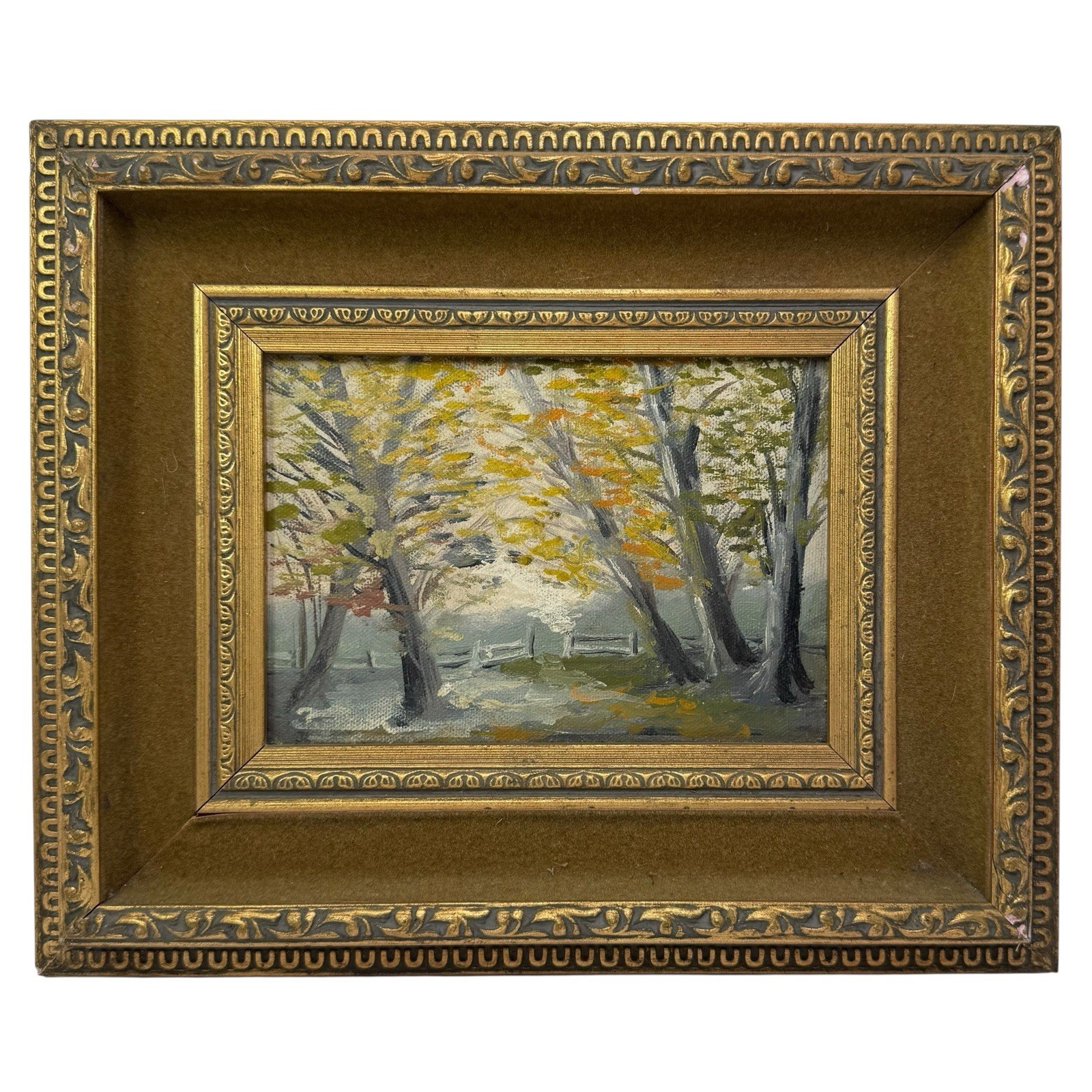 Vtg Autumn Trees Original Painting in Ornate Gold Painted Frame 5×7 Landscape