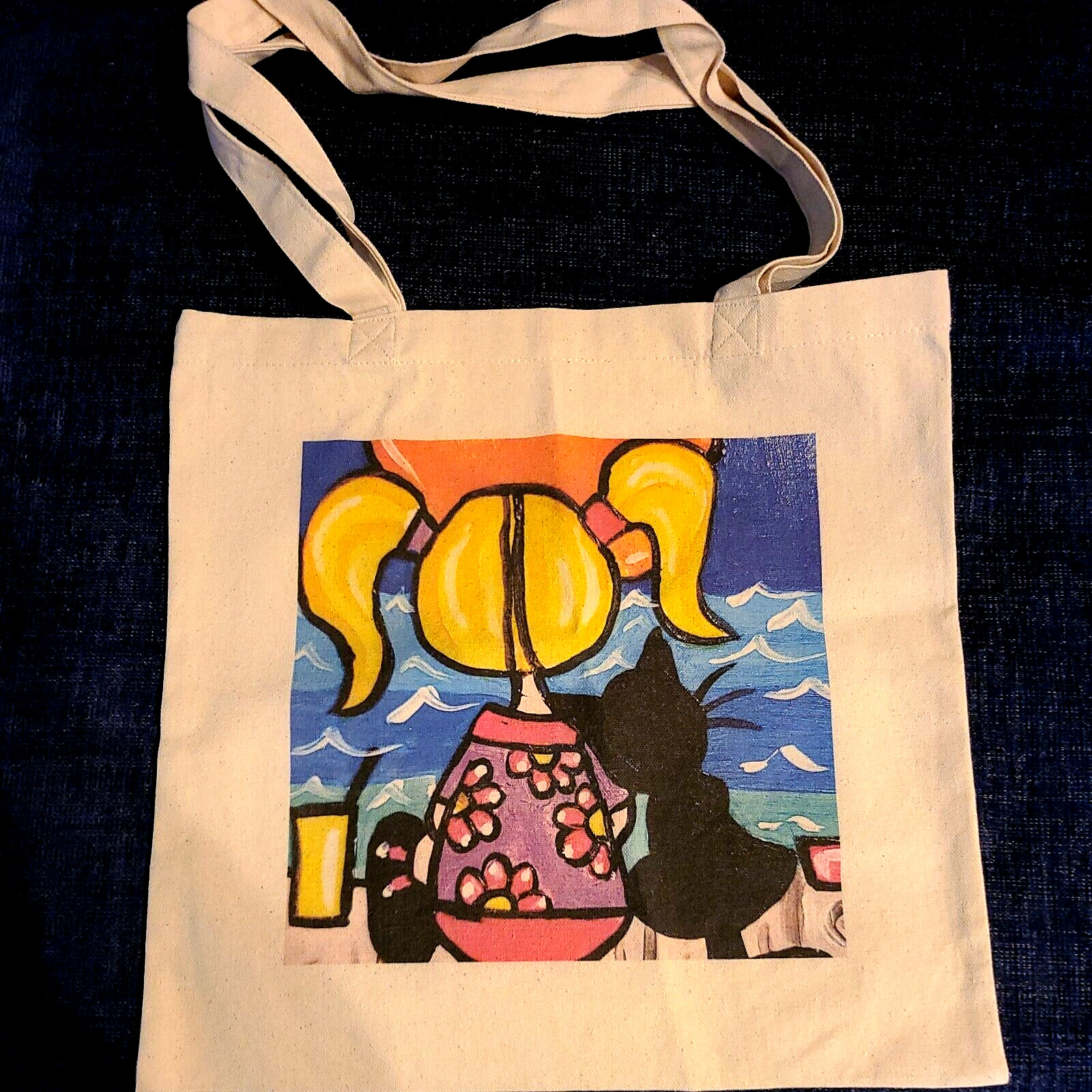 NEW NOT ACEO CANVAS WATCHING THE SUNSET CAT TOTE BAG 15×15 ” 2000-now