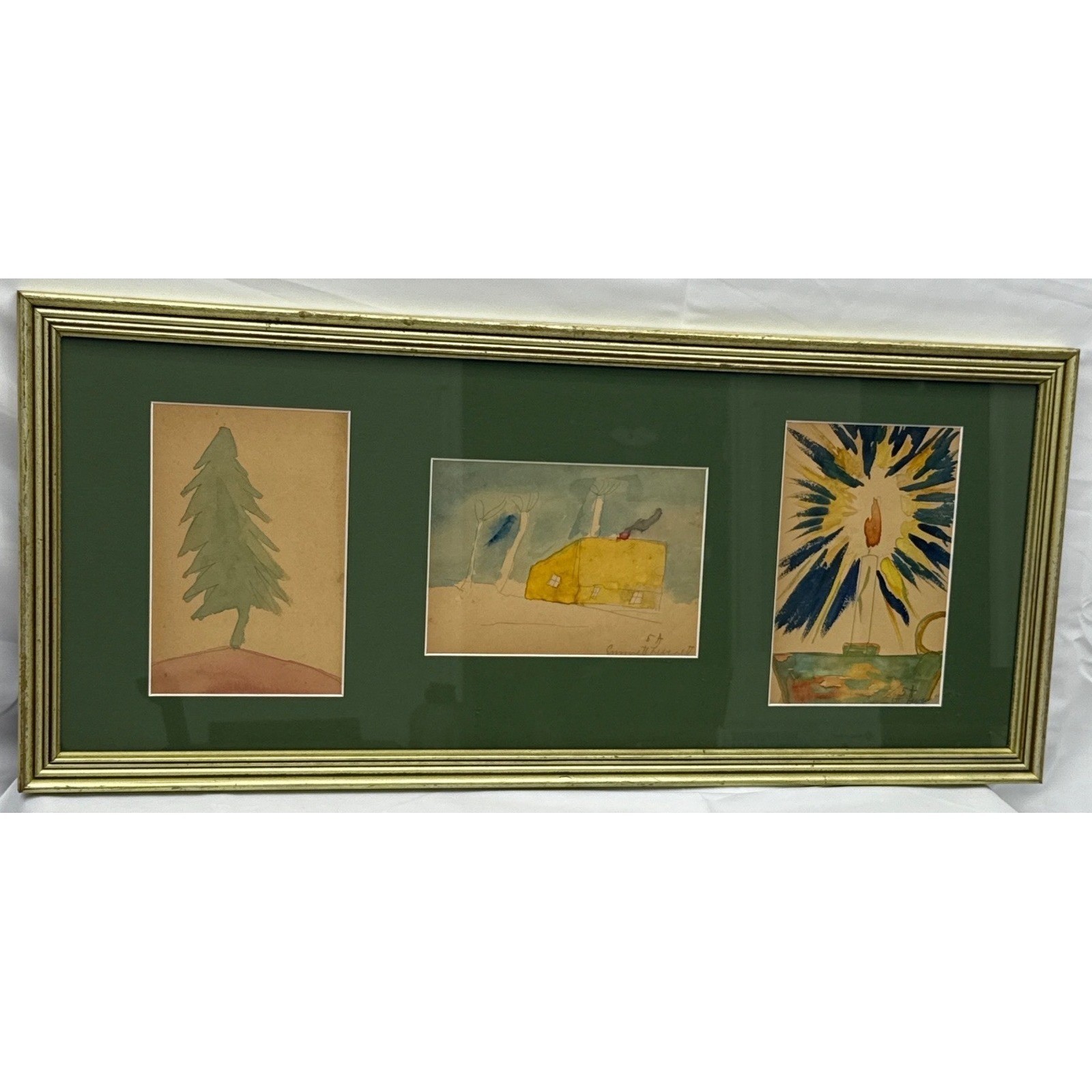 Emmett Leverett 1930s Folk Art Watercolor Painting Triptych Signed Framed Set
