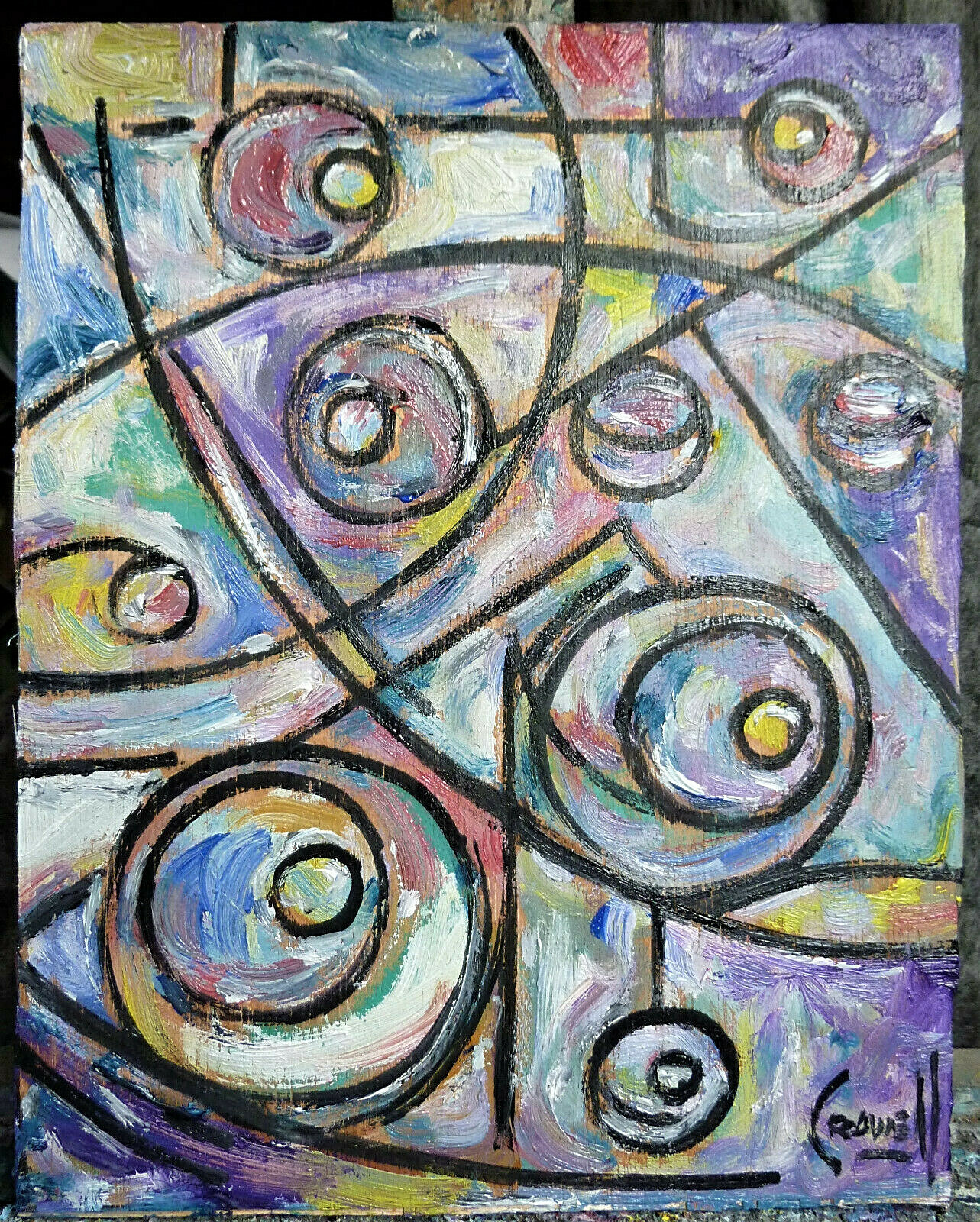 GO ROUND IN CIRCLES 8×10 oil painting abst wood art NEW original signed Crowell