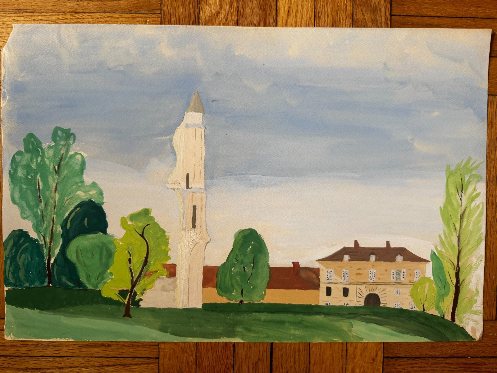 French 1940s Original Watercolor Gouache Painting Landscape Church Ruins 19×12