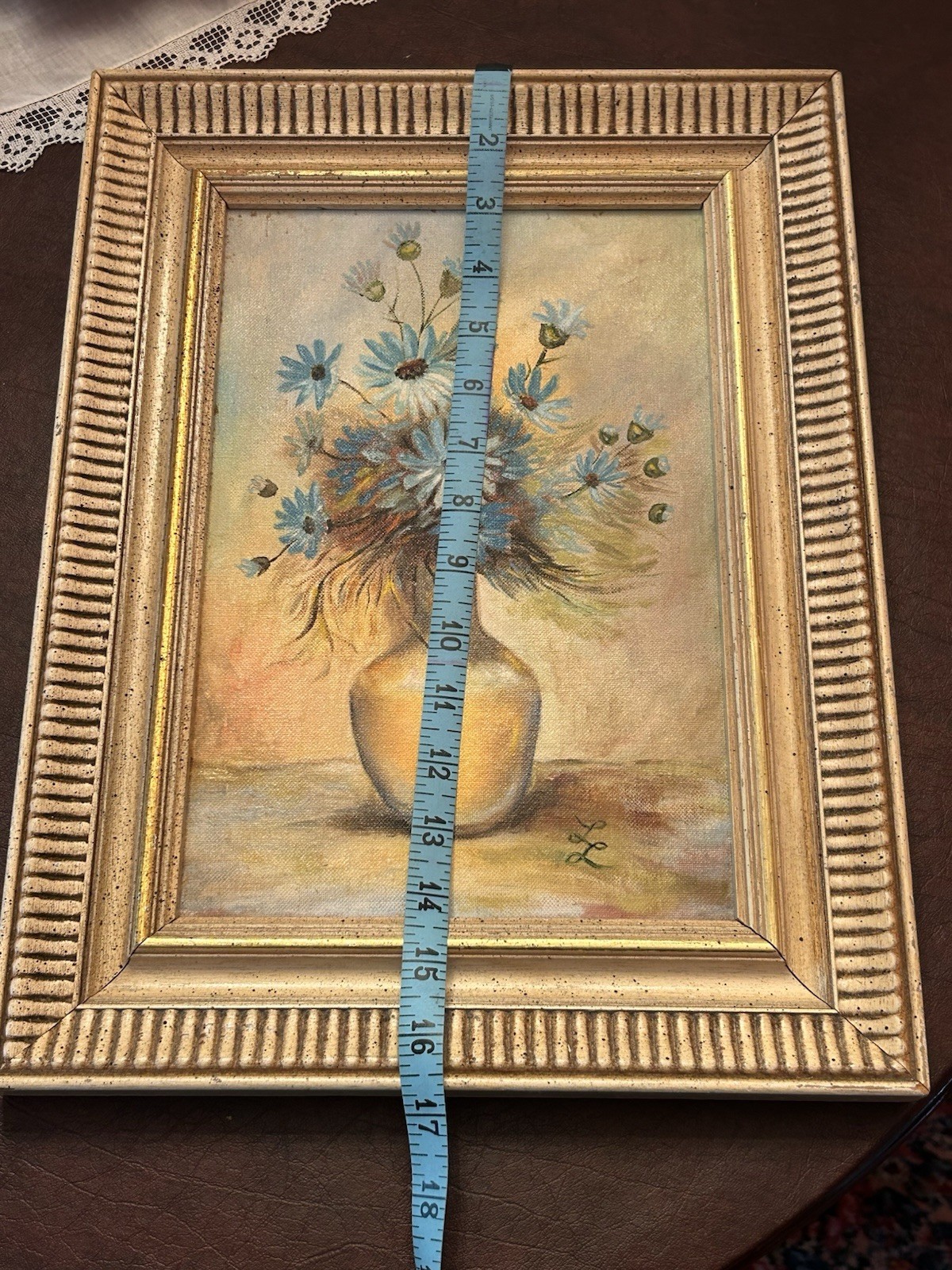 Canvas Oil Painting Blue Flowers In Vase Wood Frame Signed LL By Artist