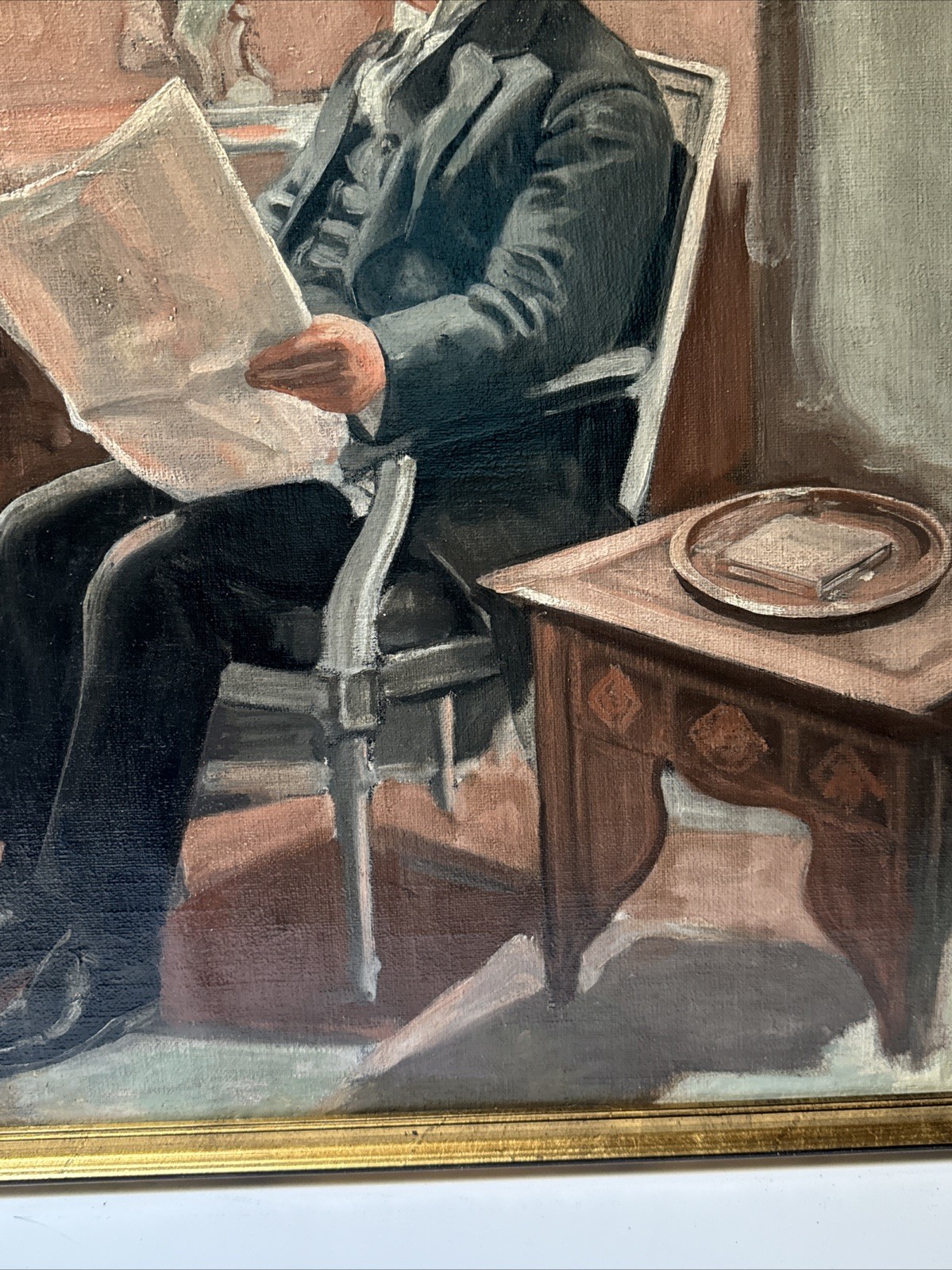 Antique Art Deco Painting Portrait Man Men Reading Large Oil Mystery 1920’s