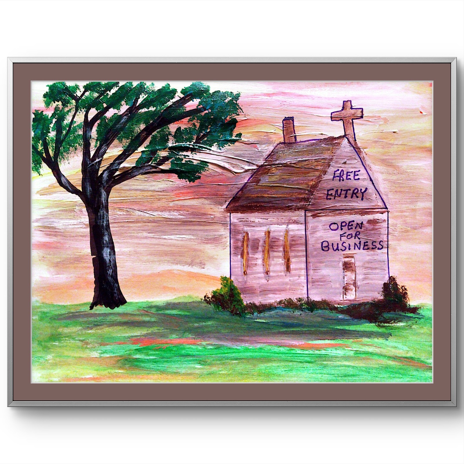 Church Landscape Original Modern Signed Paper Acrylic Wall Art 11×14 Home Decor