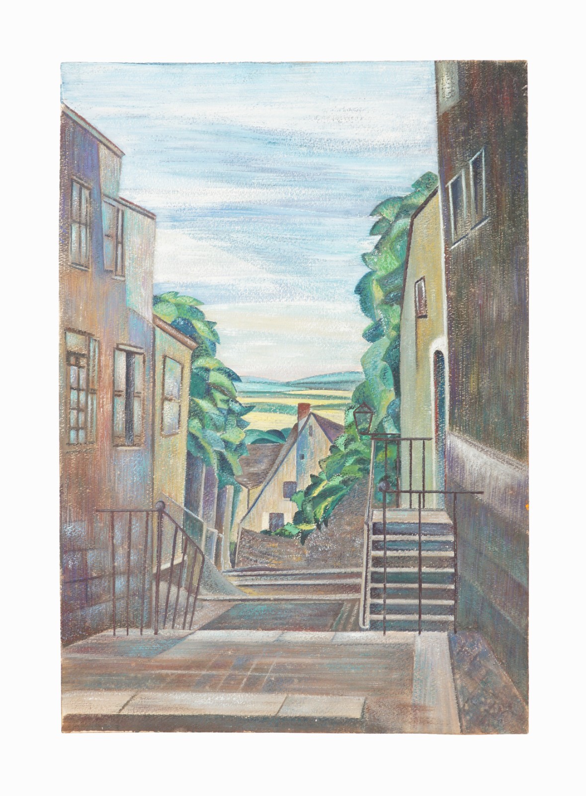 Mid Century Gouache Painting Vintage Landscape Pastels Drawing Style Small Town