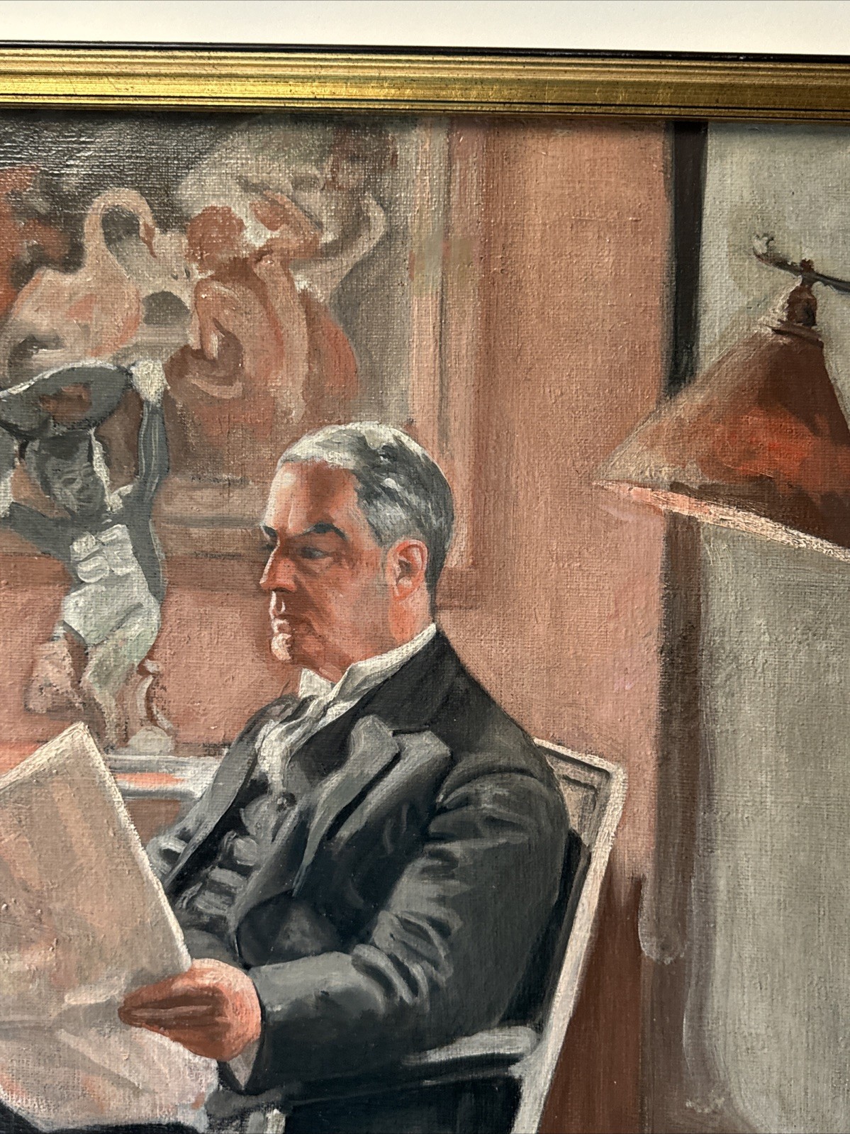 Antique Art Deco Painting Portrait Man Men Reading Large Oil Mystery 1920’s