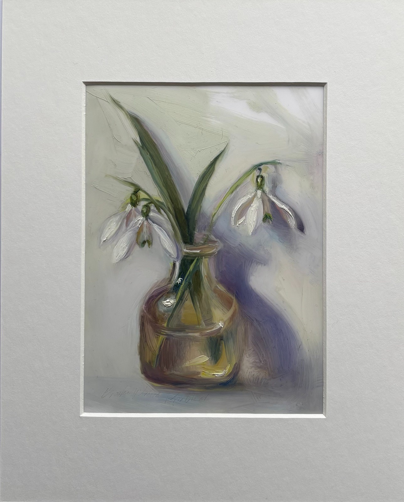 Snowdrops in vase floral still life original oil painting by living artist. 5×7″