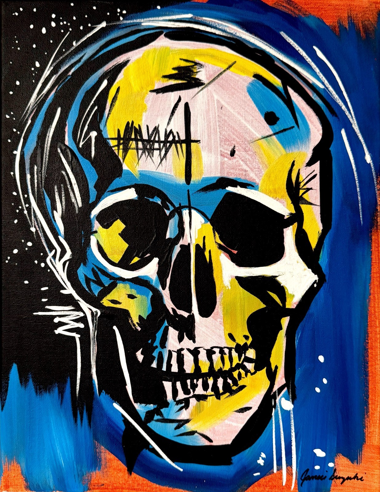 JANICEART Original Skull 11×14 Blue Orange Bold Abstract Acrylic Canvas Wall Art