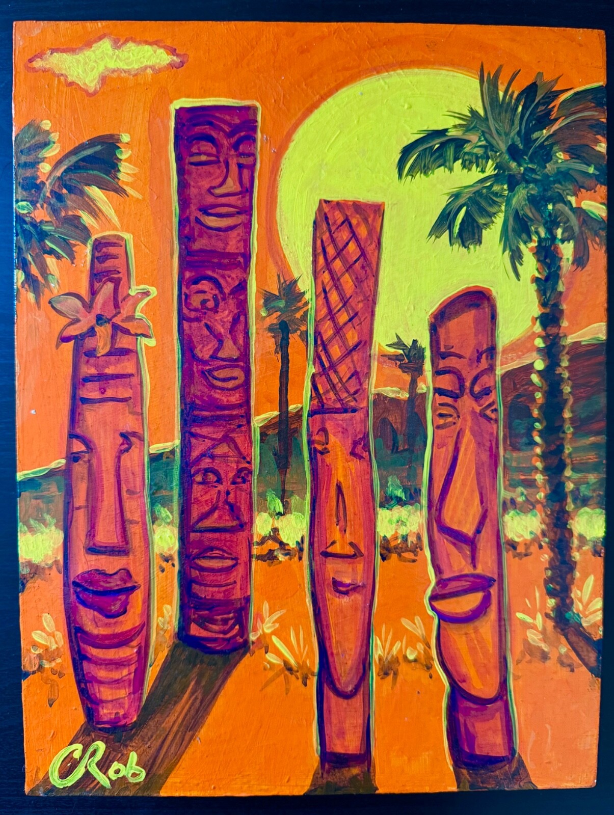 TIKI ART! CBjork ORIGINAL! Signed Acrylic Painting “TIKI HEADS” 2013 with COA