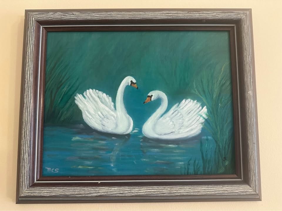 Vintage Framed artist signed oil panting on canvas board framed swan art