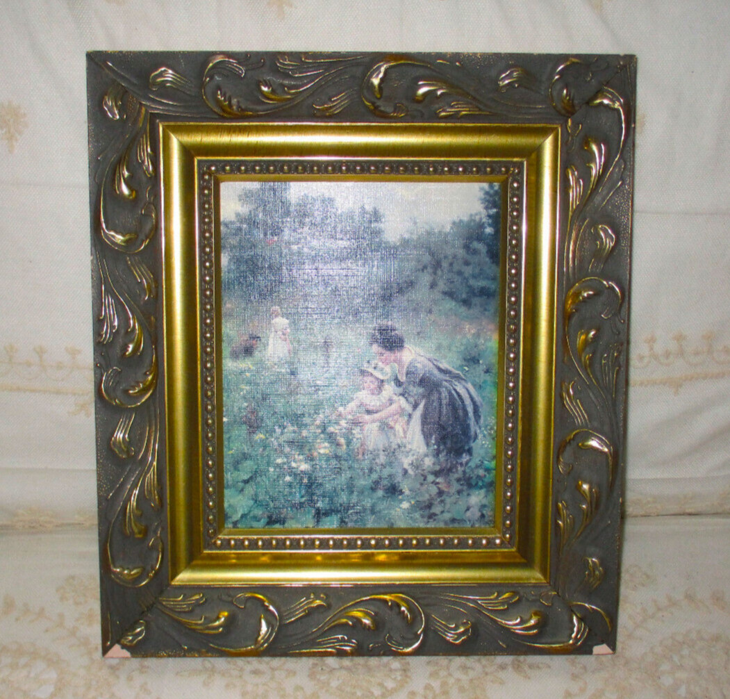 SUPERB! Vintage Oil on Board French Country Mother & Children Gold Frame 16 x 14
