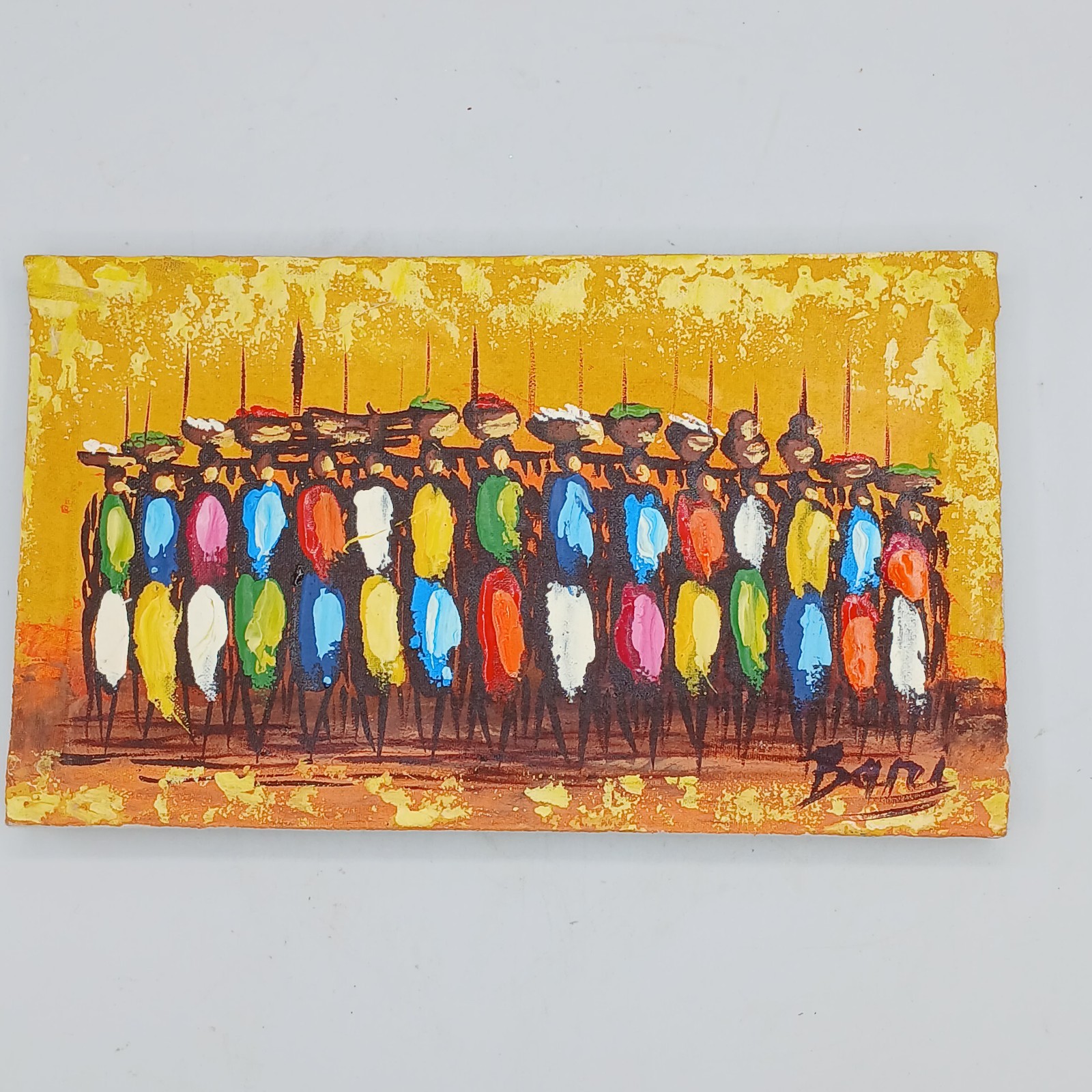 African Tribal Scene Painting Colorful Figures on Textured Board Luanda Angola