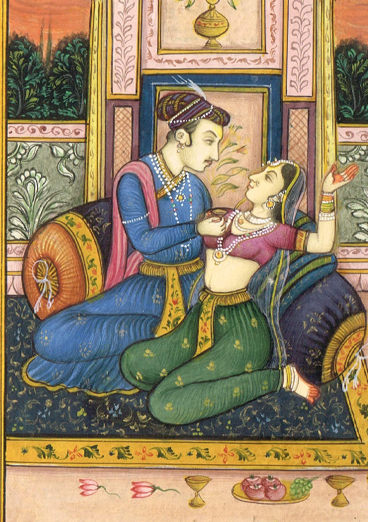 Mini Mughal Painting Of Mughal Emperor And Empress In Love Scene 3.25×5.5 Inches