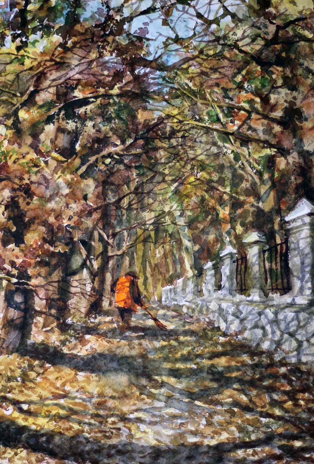 Landscape Watercolour Painting Original Sunny Autumn Park Men Trees Wall Art