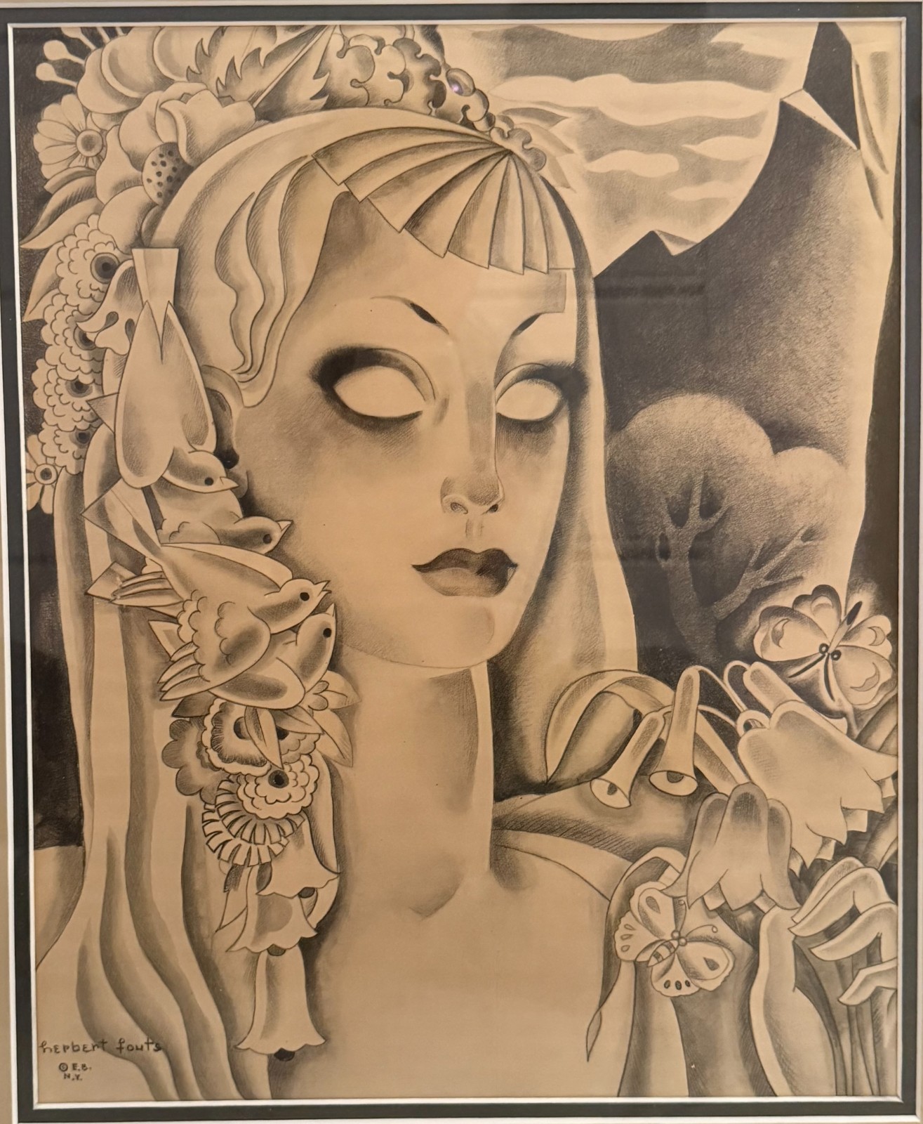 HERBERT FOUTS, fantasy dark magic beautiful woman. Birds. framed work on paper