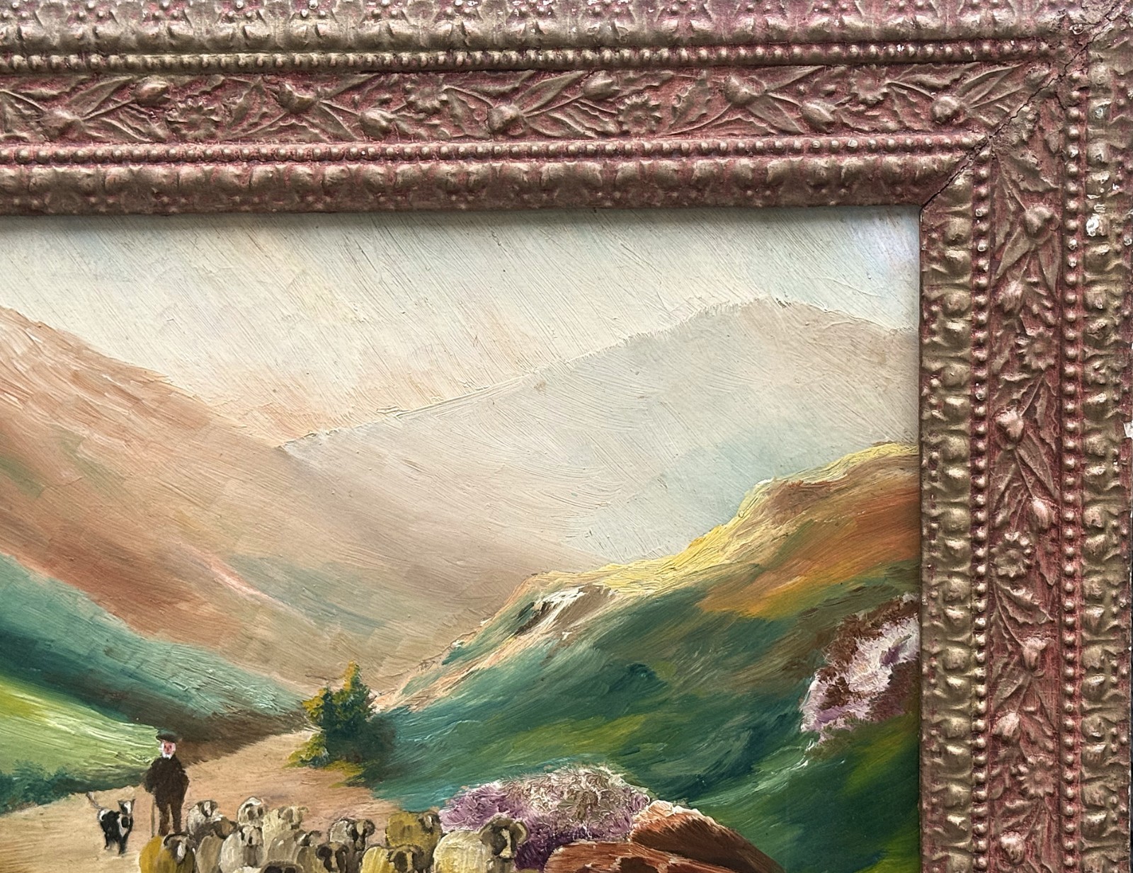 Walker (British), ANTQ 19th C British O/B “Shepherd & Sheep in Mountain” Signed