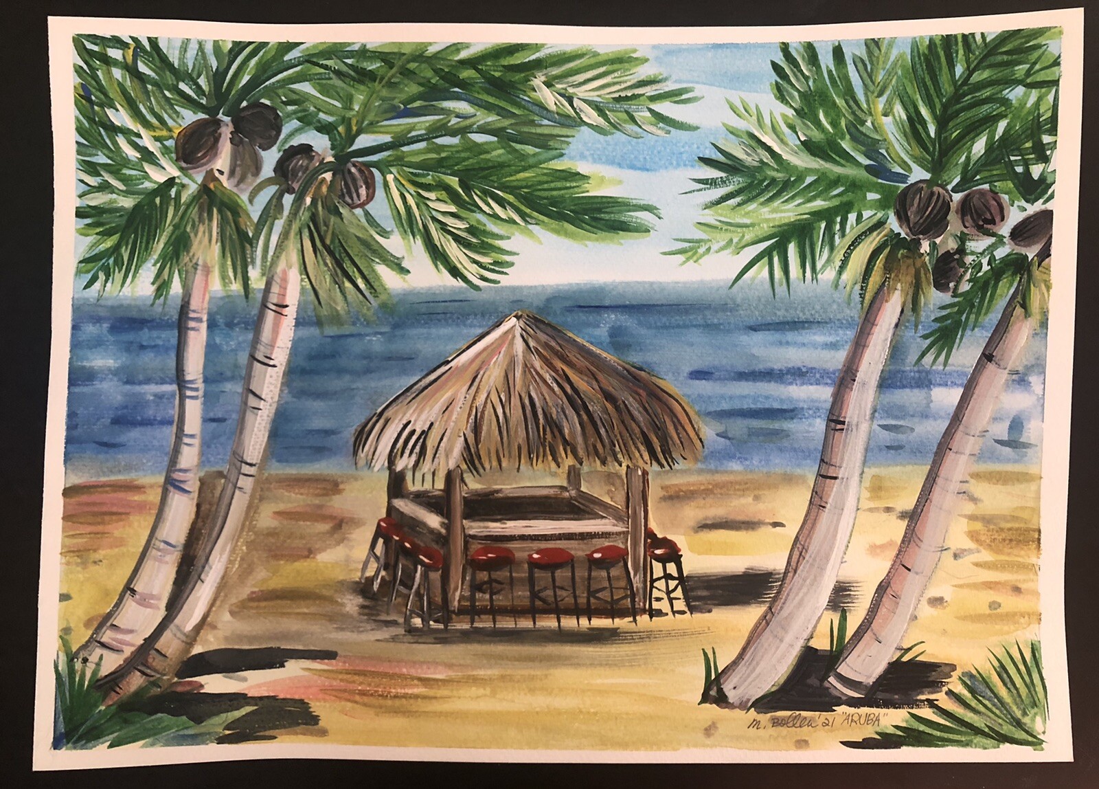 Melissa Bollen Original Watercolor Aruba Tropical Palm Ocean Paradise Ocean Hut