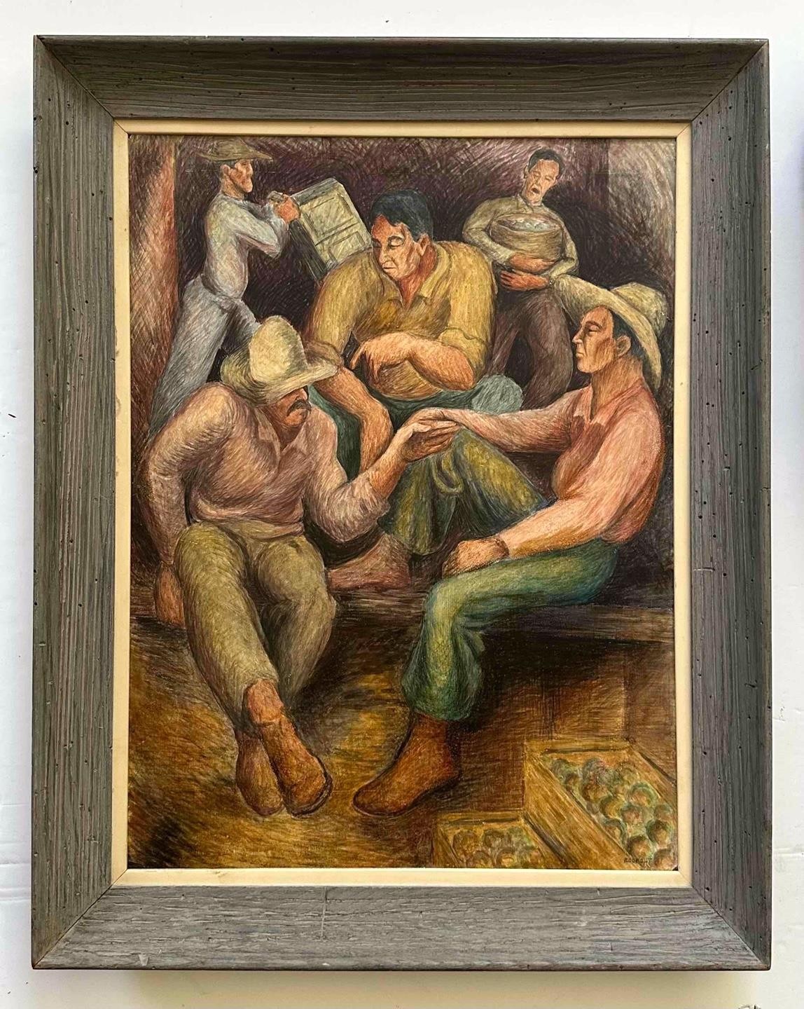 Vintage WPA Style Figural Painting -Farm Workers, 1941, signed ‘Bookout’