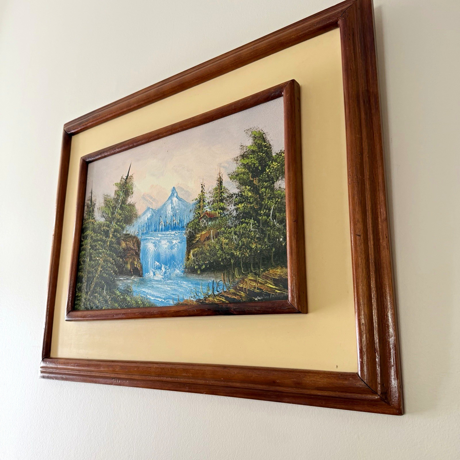 Vintage Textured Oil Painting Signed – Frame Within Frame Dimensional Waterfall