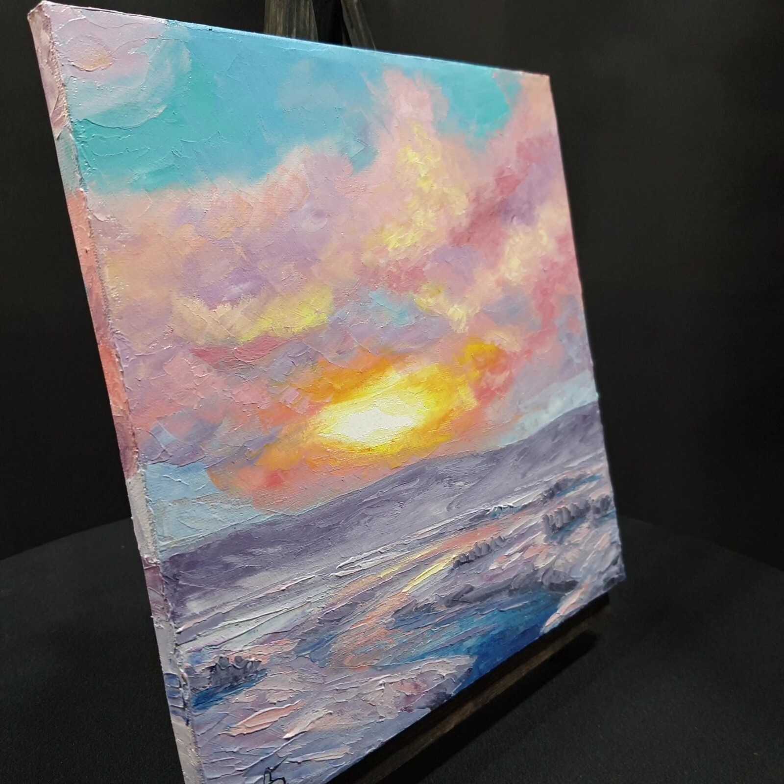 Original Oil Painting Winter Sunset Landscape Palette Knife Impressionist Art