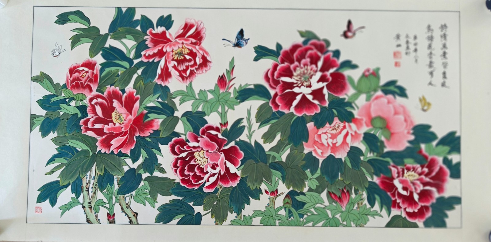 Original Chinese Peony & Butterfly Painting Xuan Paper Signed aHuang Shan Artist