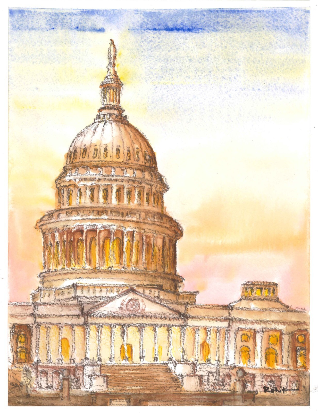 ORIGINAL watercolor artwork of United States Capitol Building signed by artist