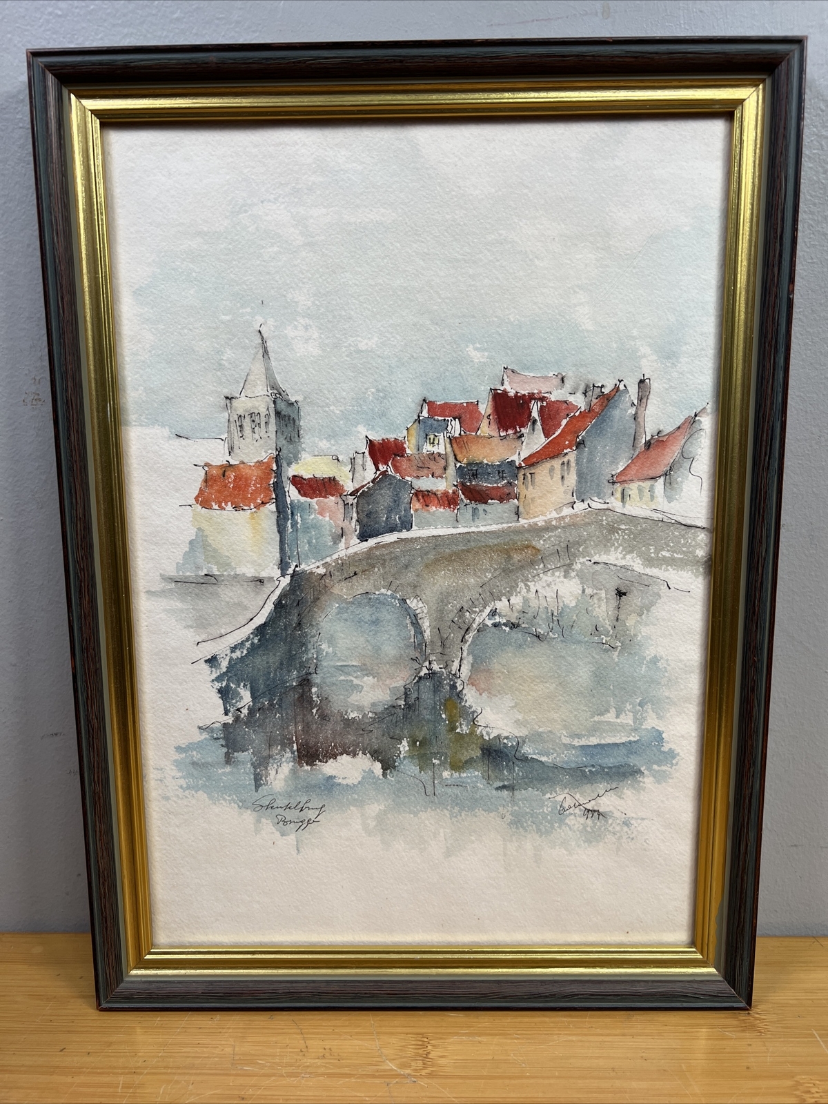 Vintage Framed Watercolor Sketch European Bridge Cityscape in Schenkelberg 15×11