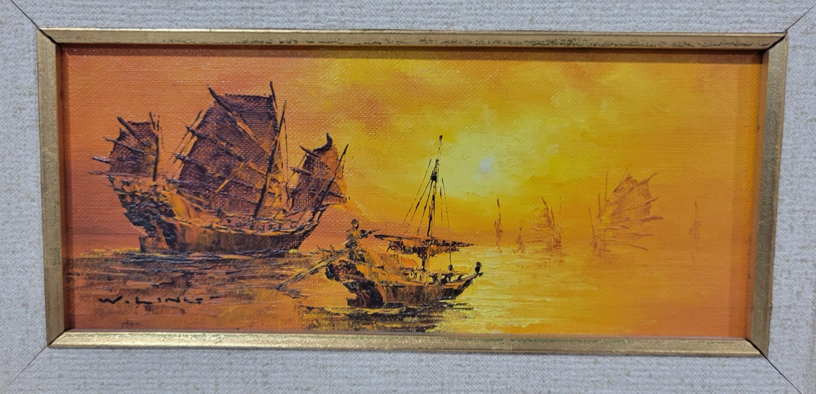 Vtg Oil Painting “Asian Junk Ship Sailing” On Board Framed Signed W.Ling
