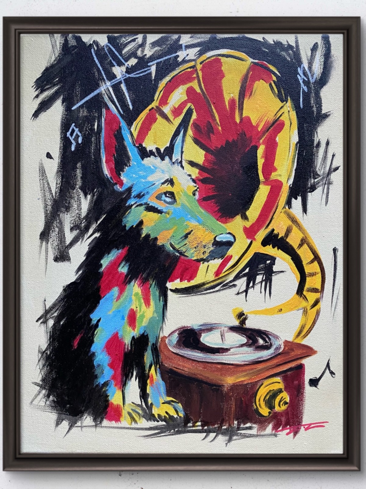 Dog And Gramophone Abstract Expressionist Original Art 14×11 Canvas