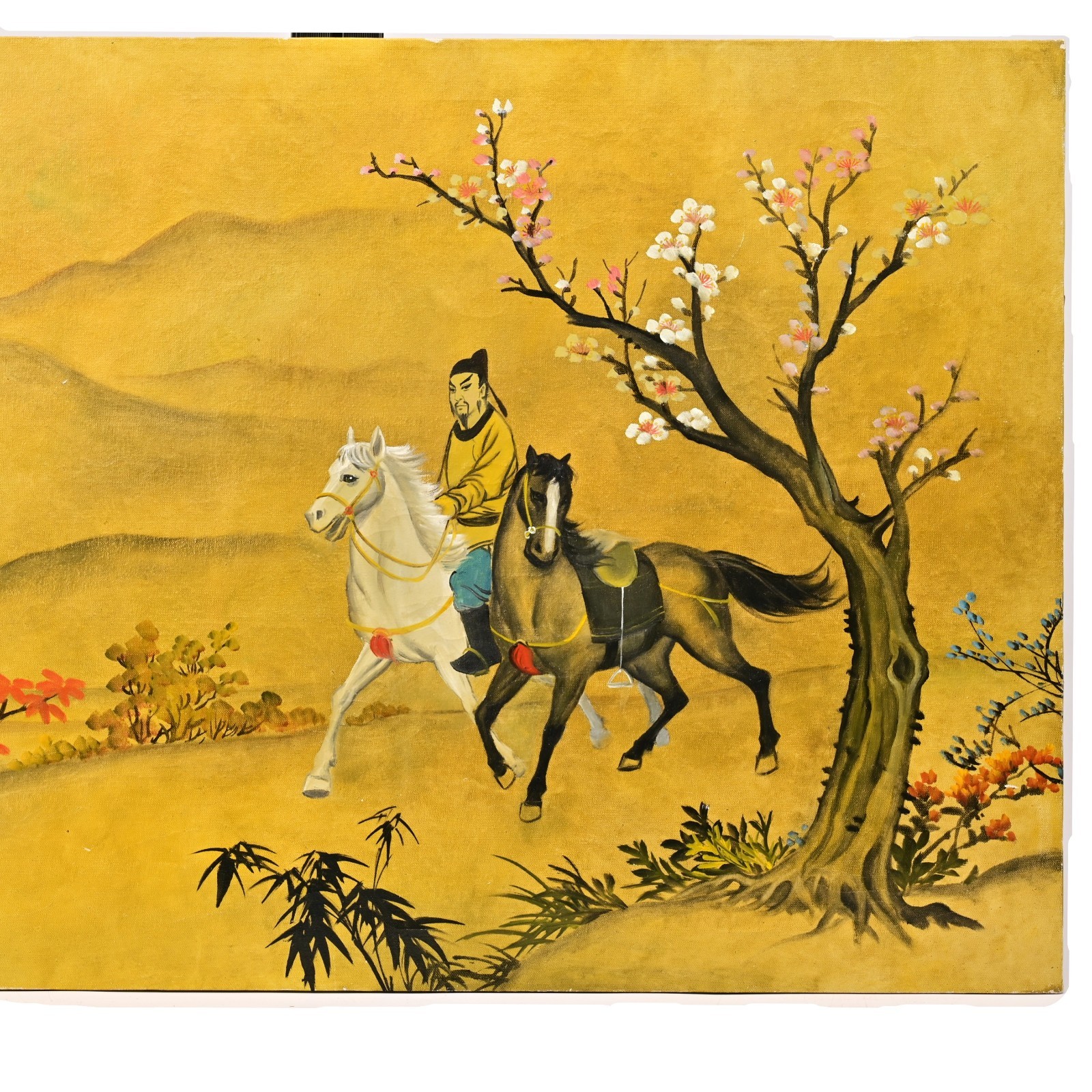 PEARL Original Vintage Signed Chinese Feng Shui Figure Horse Landscape Painting