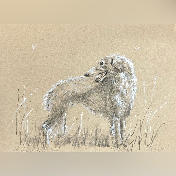 Original Borzoi Dog Painting Charcoal White Pastel russian animals Art artettina
