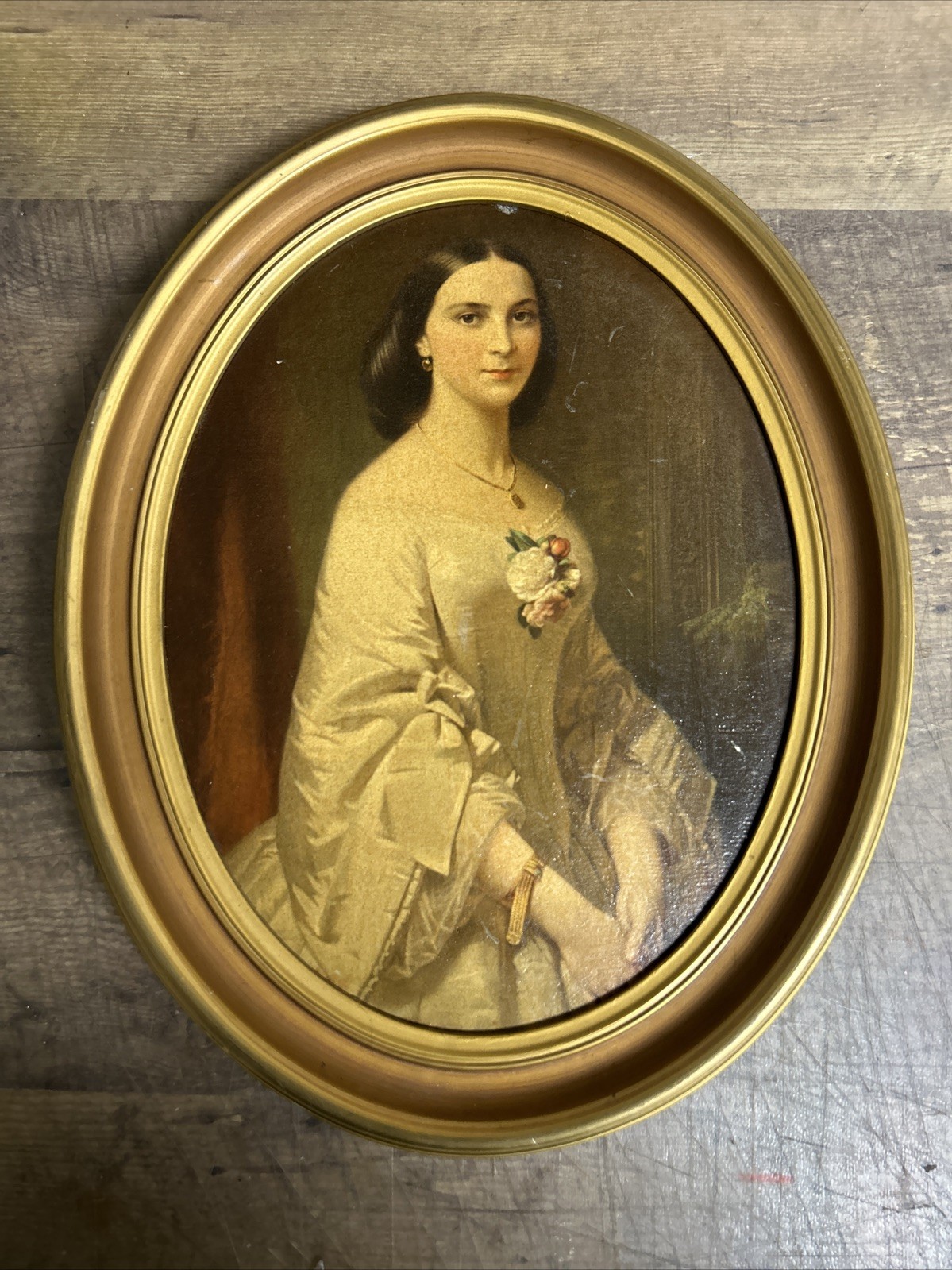 Texture Print Erich Correns Southern Belle Portrait oval Ornate gold frame 13”