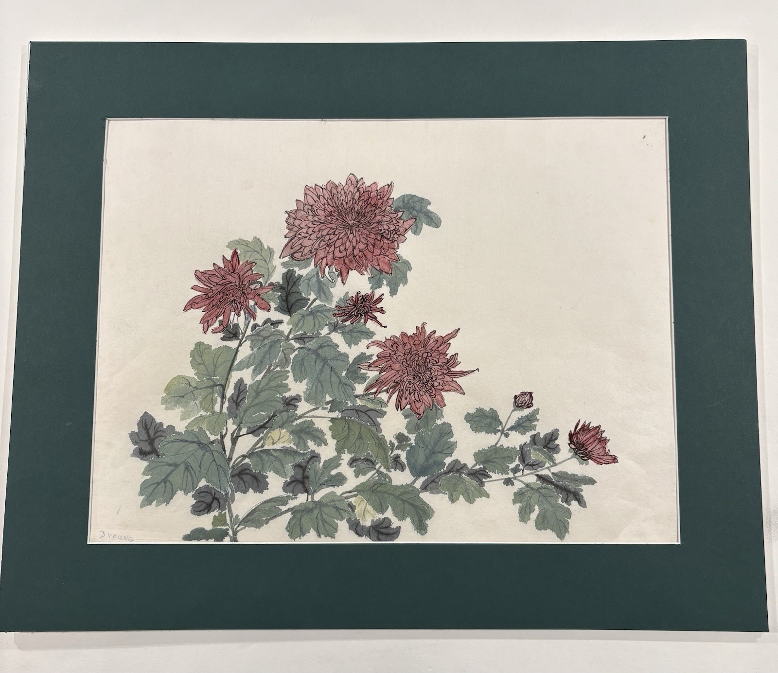 Original Watercolor Of Flowers By D. Young With Green Acid free Matte