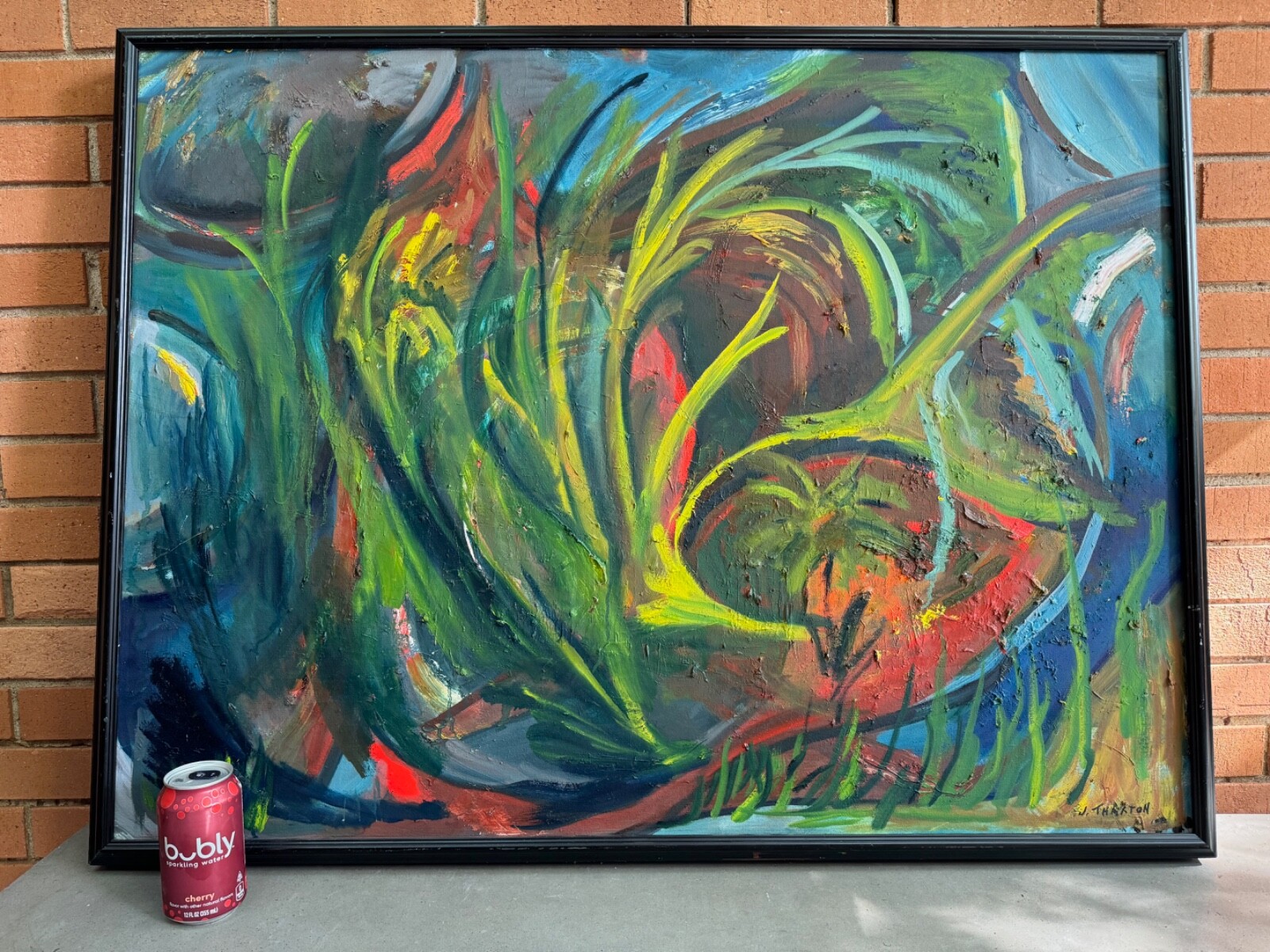 Vintage MCM Multi-color Abstract Oil Painting Framed Signed Thaxton Modern Art