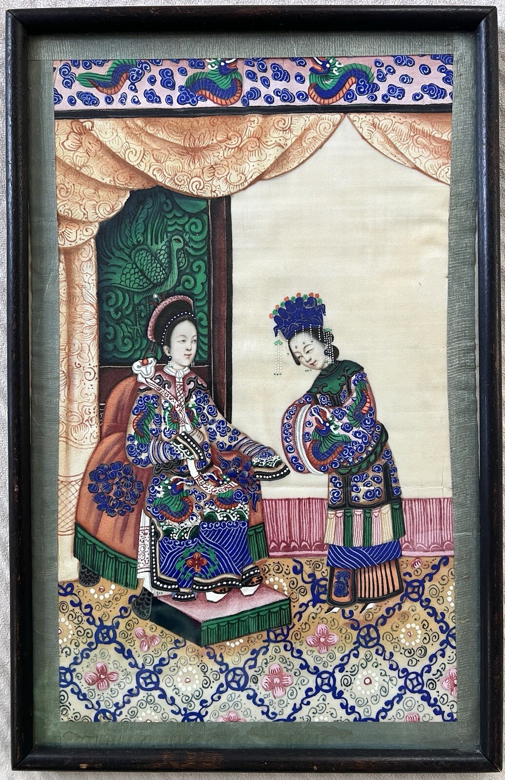 Antique Chinese Qing Era 19th C. Court Scene Gouache Painting On Rice Pith Paper