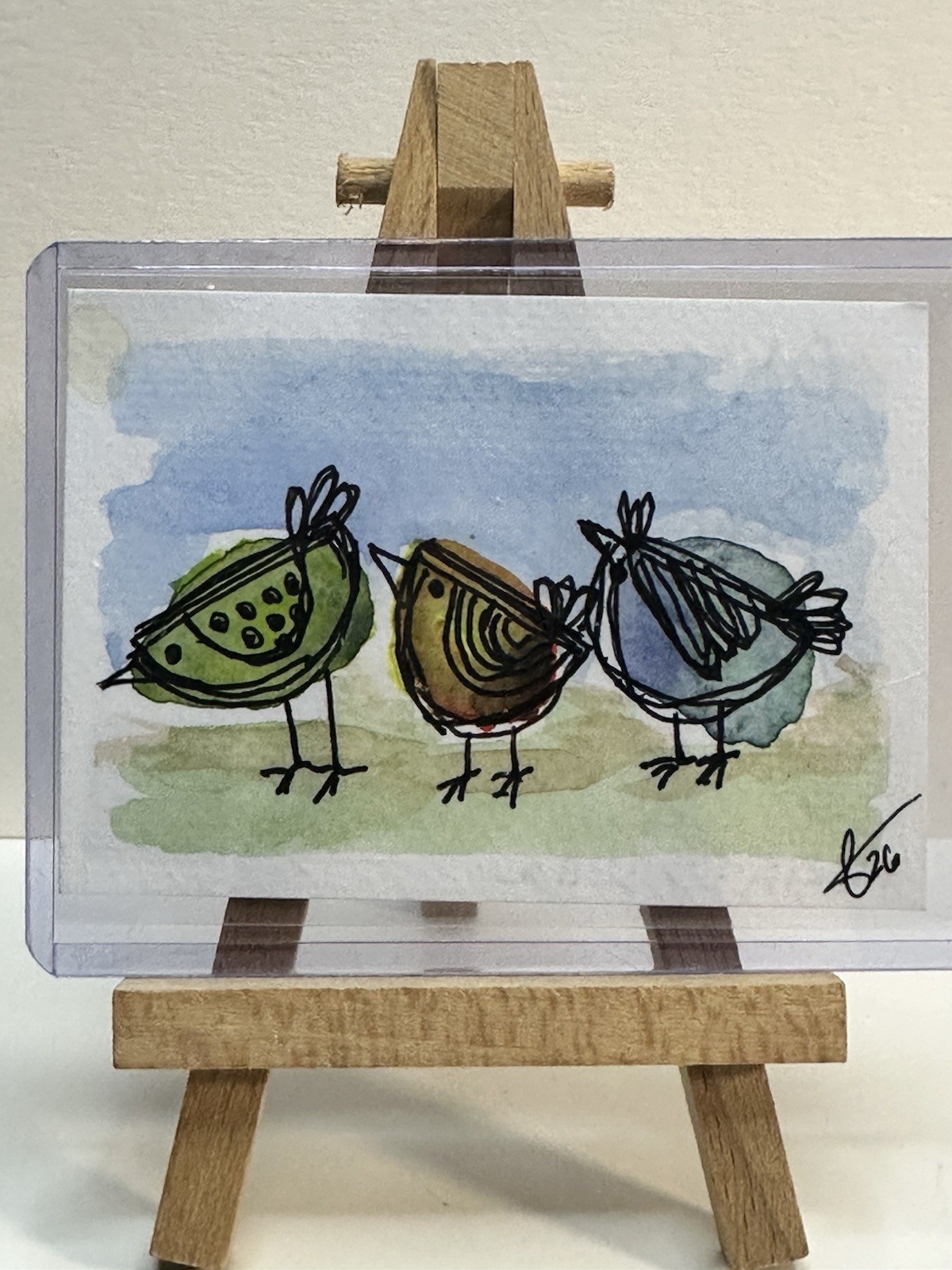 ACEO Artist Card Hand Painted Original Watercolor/Paper 2.5 in x 3.5 “3 Chicks”