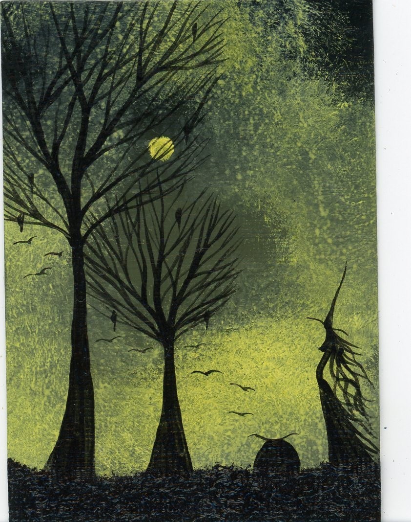 ACEO Original Acrylic Halloween Whimsical Eerie Forest Witch Painting HYMES