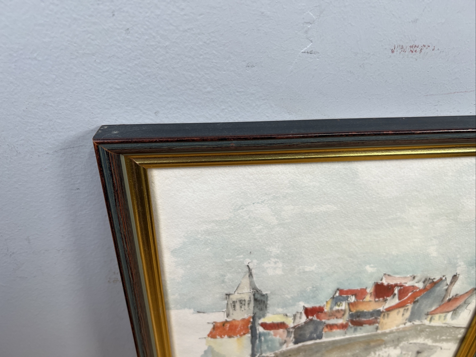 Vintage Framed Watercolor Sketch European Bridge Cityscape in Schenkelberg 15×11
