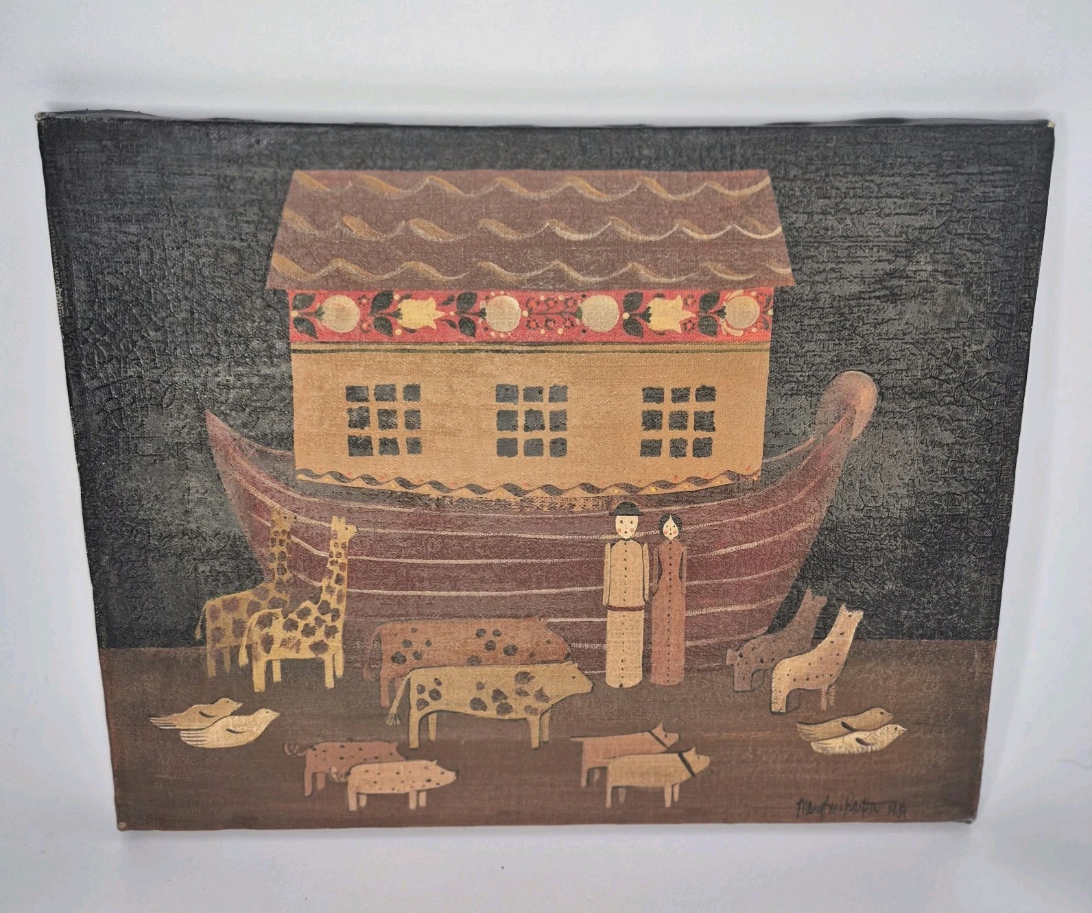 Original 1984 Noah’s Ark Folk Art Oil Painting Mary Beth Baxter Primitive 14×11