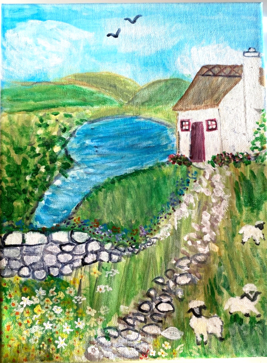 Irish Cottage In Field of Sheep Acrylic Painting, Hand Painted by Seller