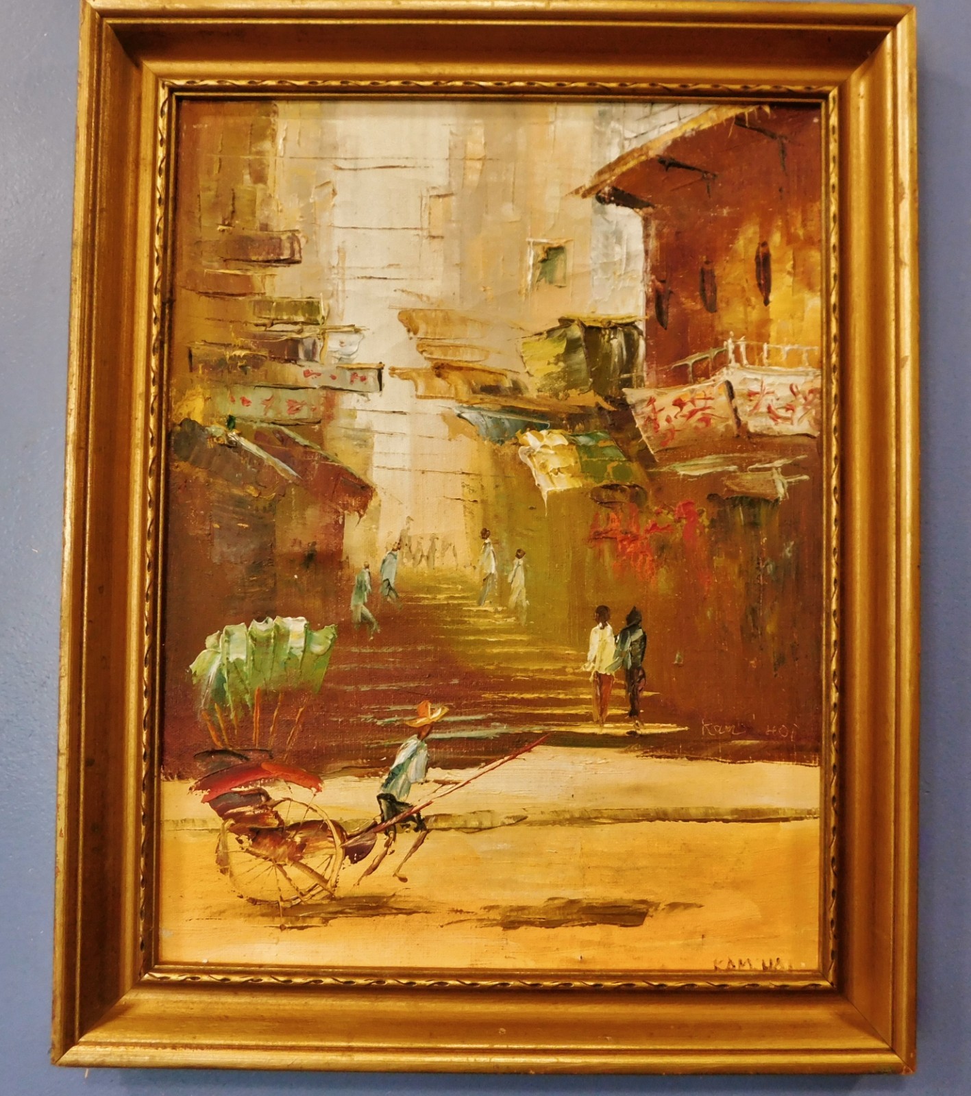 Kam Hoi 1960 Abstract Expressionist Modern Cityscape Oil Painting signed 18 x 15
