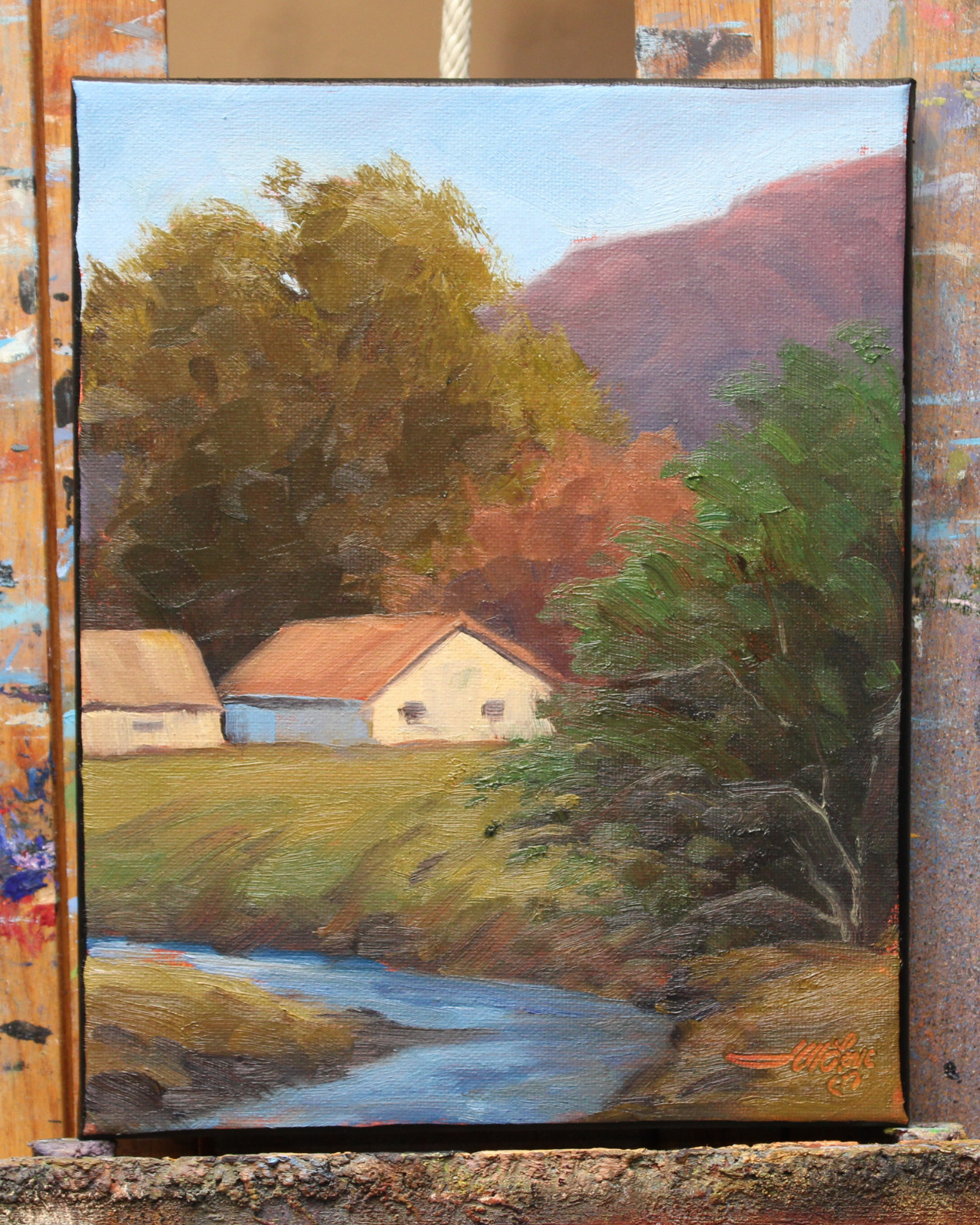Jeff Love Art Original Oil Painting 10X8″ Landscape House Trees Mountain Creek