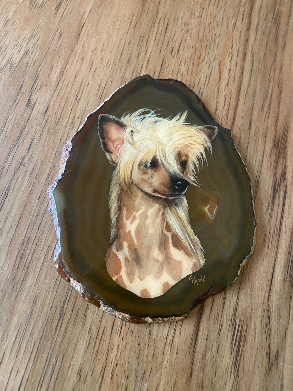 Chinese Crested painted head study Painting by Connie Krohn on Agate Slice