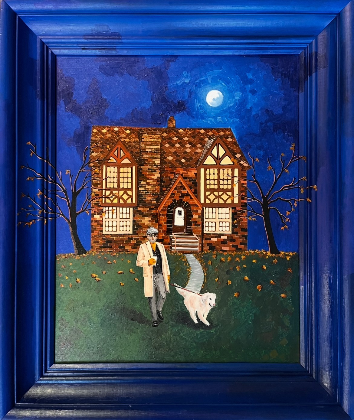 Original Oil Painting, 21×25 inches, Dog Walker, Blue, Night, Moon, Winter, Dog