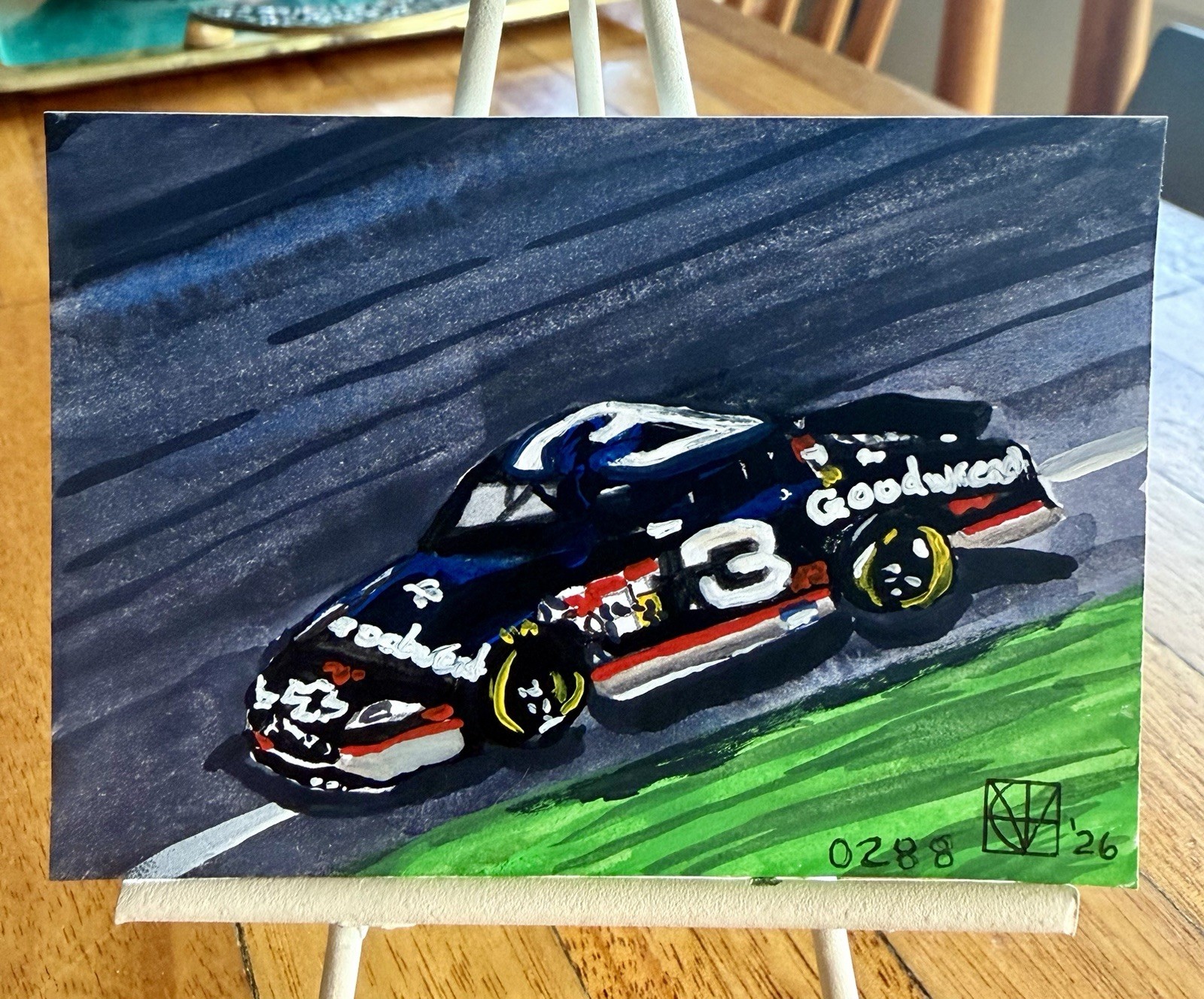 ACEO Painting by M. Hackney NASCAR Intimidator Gouache & Ink, Signed, 2.5×3.5″