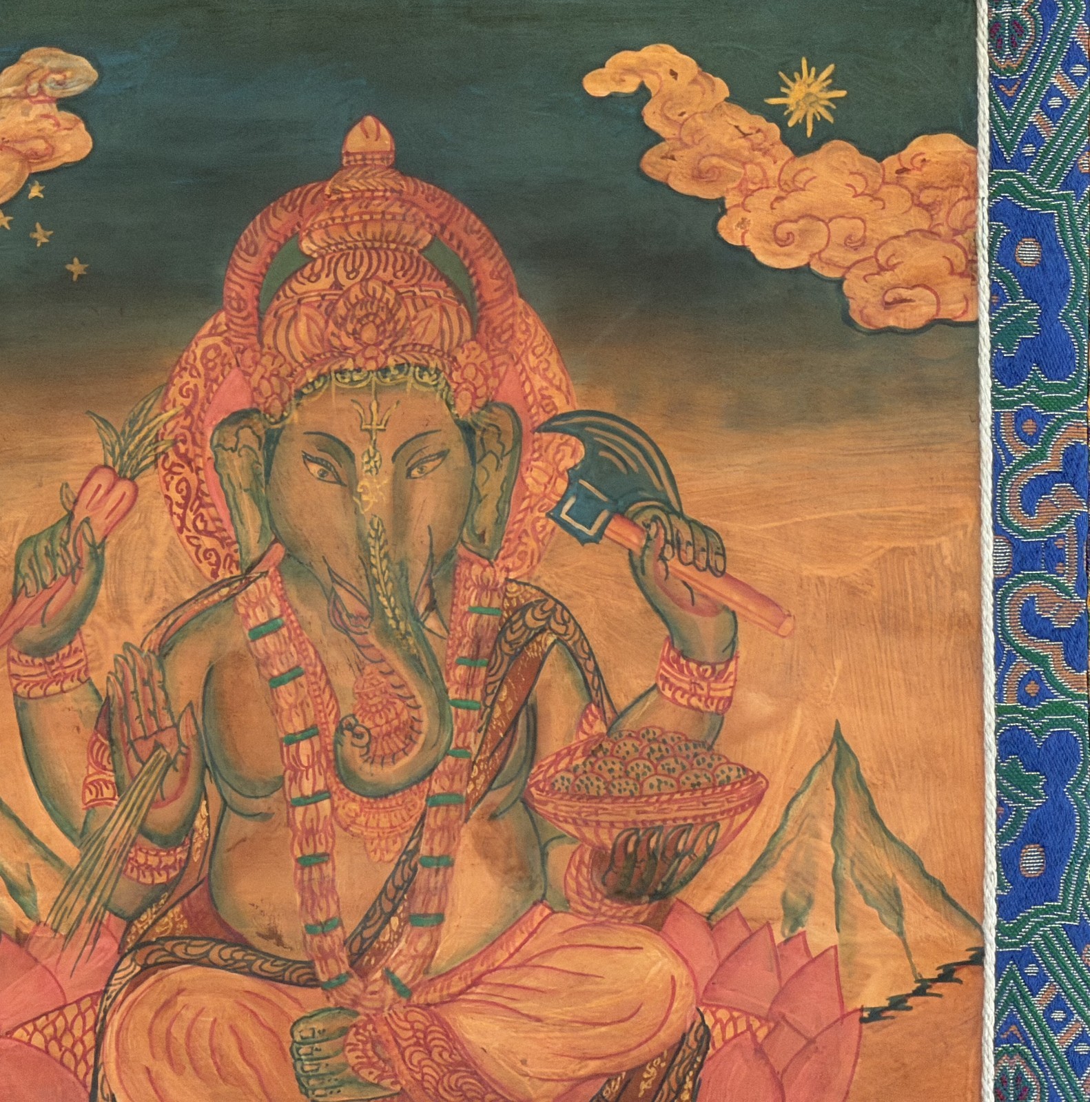HAND-PAINTED NEWARI GANESHA THANKA PAINTING, OIL VARNISHED, SILK BROCADE MOUNT