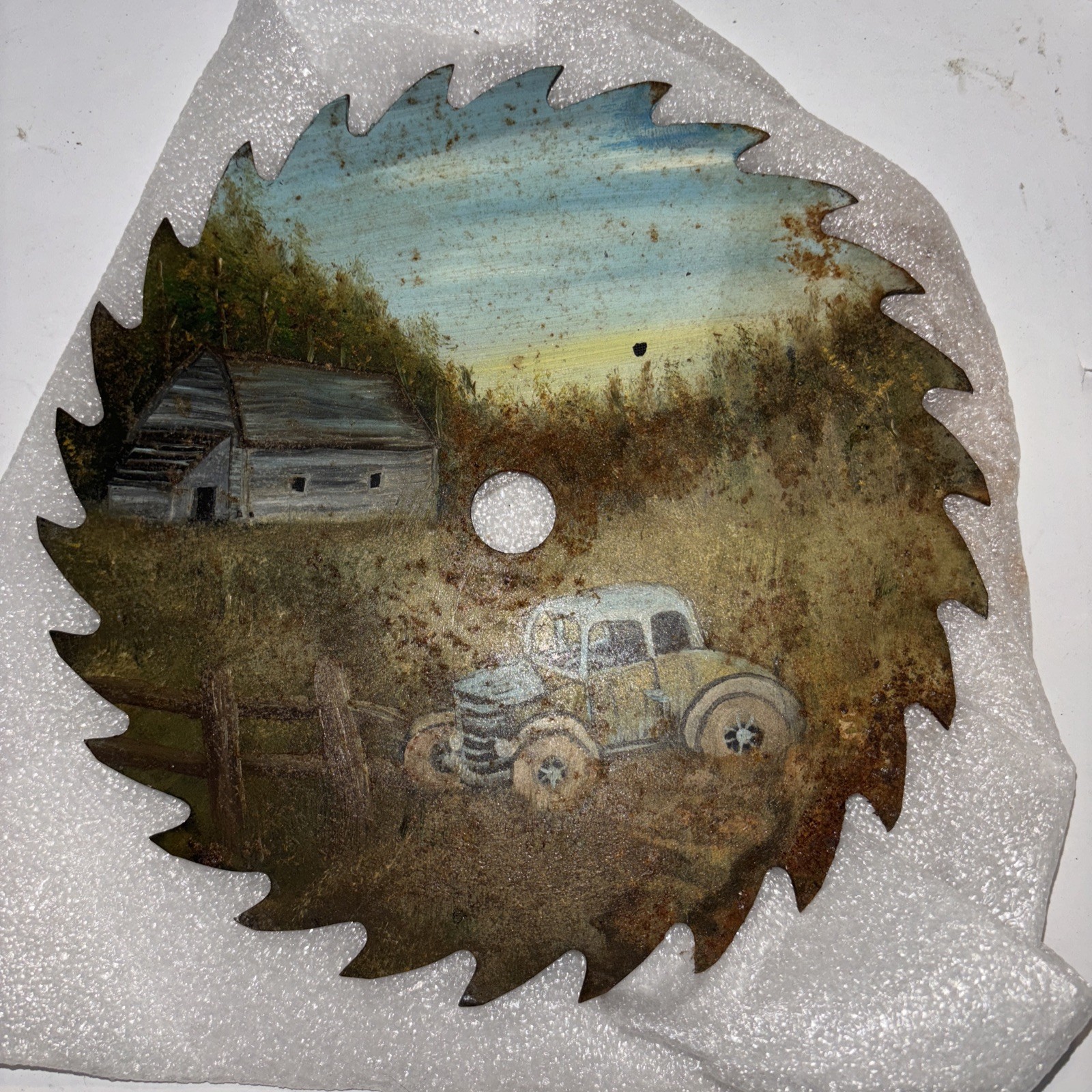 Vintage 7 inch saw blade folk art Car barn painting Country decor