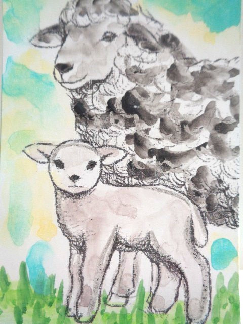 ATC ACEO Country Farm SHEEP AND LAMB Painting Art
