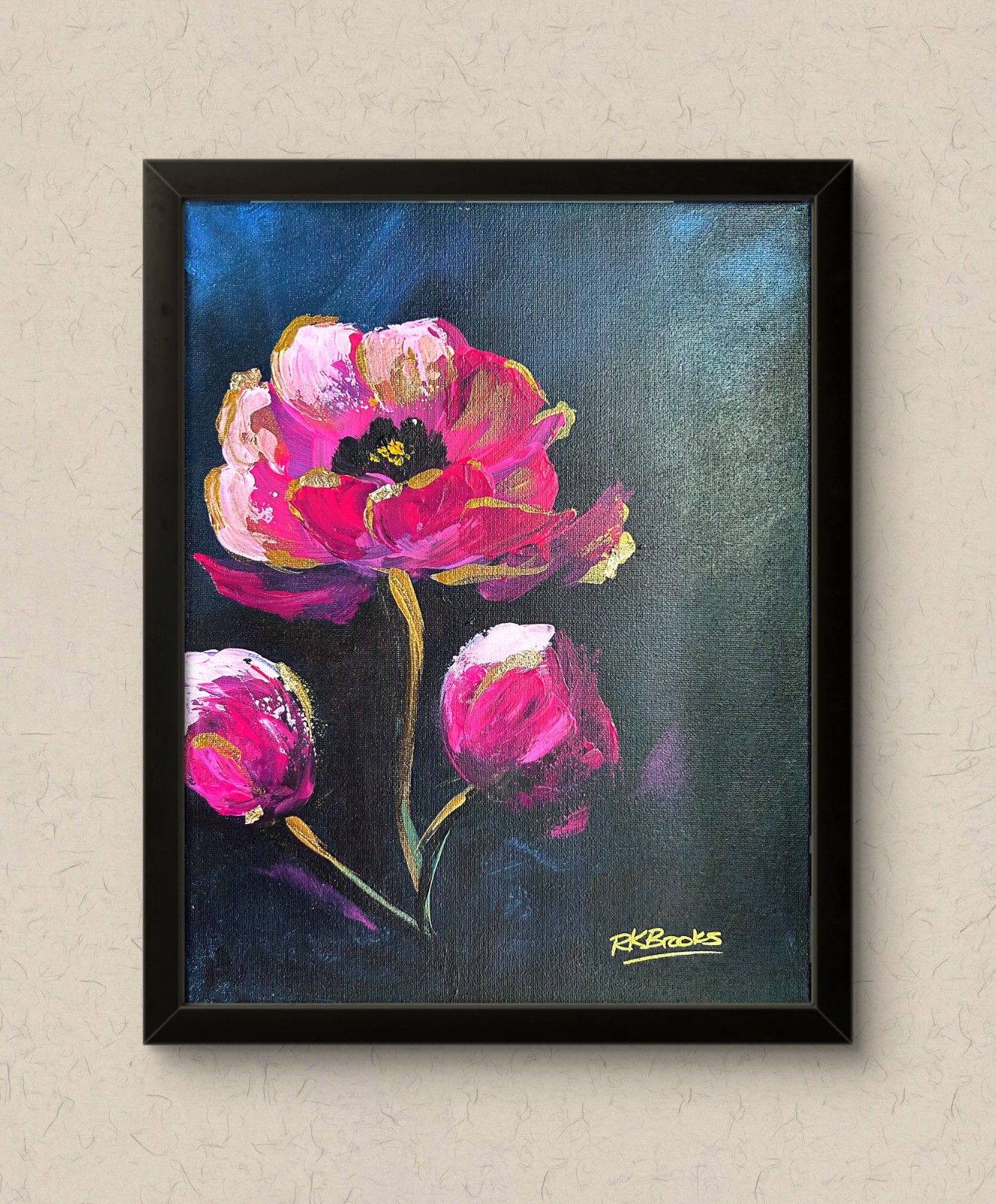 Original 11×14 Bright Pink Polly Acrylic Painting with Gold Foil Accents